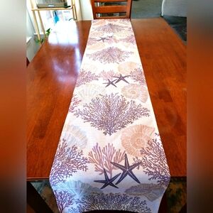 BEAUTIFULLY COLORED TABLE RUNNER FEATURING CORAL, SHELLS AND STARFISH